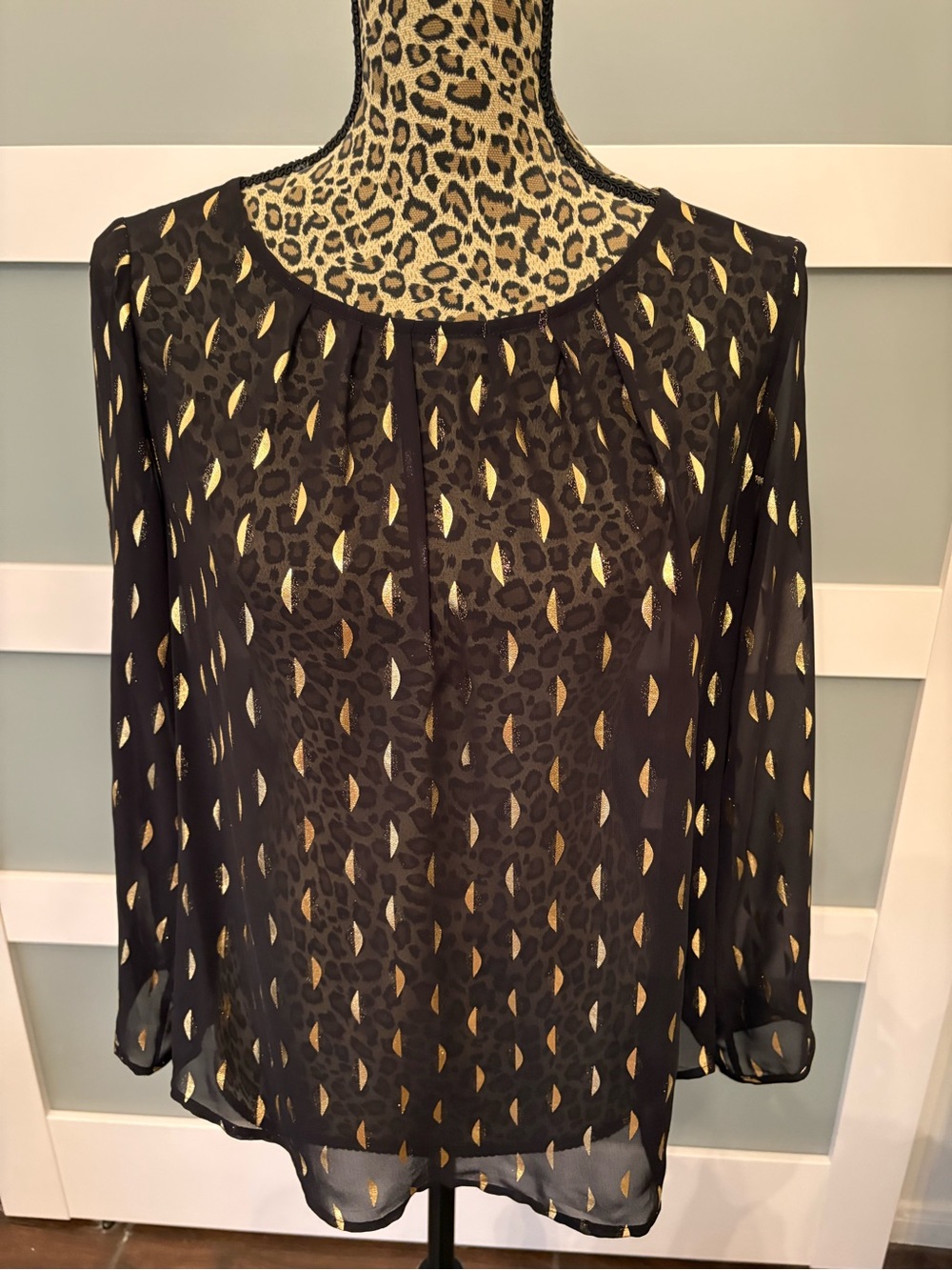 Maison Jules Black Sheer Blouse with Gold Leaf Print